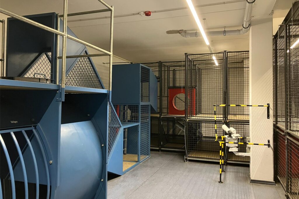 Im Käfig üben die Auszubildenen der Feuerwehr Wuppertal Dummys aus beengten nebeligen Räumen zu retten
