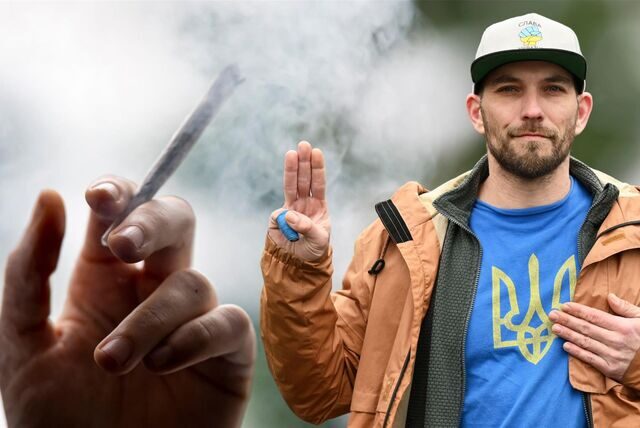 Eine Hand hält einen Joint. Rechts: Boris Benkhoff.