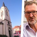 Die Montage zeigt die Gustav-Adolf-Kirche in Recklinghausen und Pfarrer Dirk Schürmann.