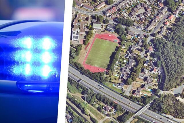 Bildkombo: links Polizei-Blaulicht, rechts Luftbild vom nördlichen Teil Ickerns mit der A2 am unteren Bildrand, der Horststraße am Waldrand rechts und dem Sportplatz an der Uferstraße links.