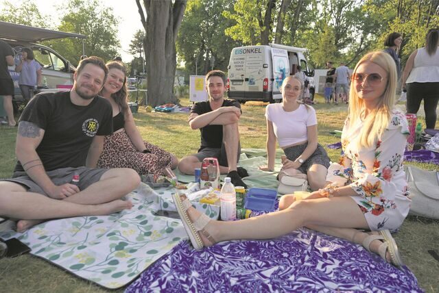 Eine Gruppe junger Menschen sitzt auf einer Picknick-Decke auf einer Wiese in Datteln.