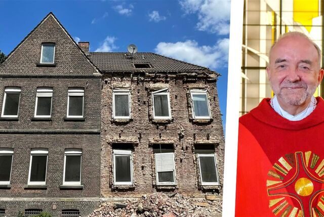 Die Montage zeigt ein altes Wohnhaus, dessen Backsteine an der Fassade zum Teil abgetragen wurden, und Pfarrer Aloys Wiggeringloh von der Pfarrei St. Antonius in Recklinghausen.
