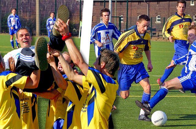 Mit Trainer Torsten Sengteller (links, oben) und Stürmer Sebastian Janas (am Ball) kehrte die Spvg Schwerin 2003 zurück in die Bezirksliga.