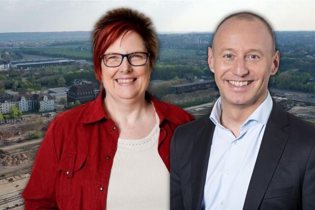 Die Vorsitzende der SPD-Ratsfraktion Dortmund Carla Neumann-Lieven und der Fraktionsvorsitzende der FDP/Bürgerliste-Fraktion Michael Kauch vor einer Luftaufnahme des ehemaligen HSP-Geländes.