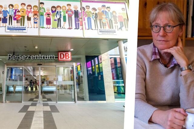 Die Montage zeigt eine Außenaufnahme vom DB-Reisezentrum in Recklinghausen und Schwester Judith Kohorst vom Gasthaus.
