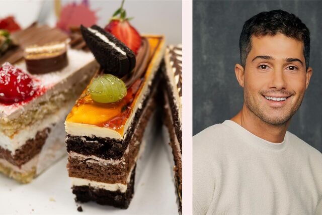 Eine Bildmontage: links im Bild ein paar Tortenstücke, rechts im Bild ein Mann, der lächelt.