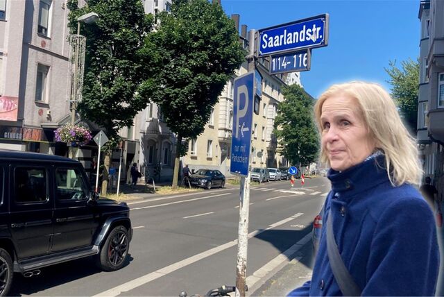 Montage: Bezirksbürgermeisterin  Christiane Gruyters vor einem Straßenschild mit der Aufschrift „Saarlandstraße“