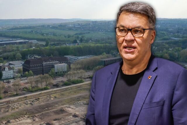 Oberbürgermeister Thomas Westphal vor dem ehemaligen HSP-Areal an der Rheinischen Straße (Montage).