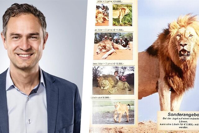 Der Verschwörungsideologe Daniele Ganser und eine Seite aus einem Katalog für Trophäenjagden