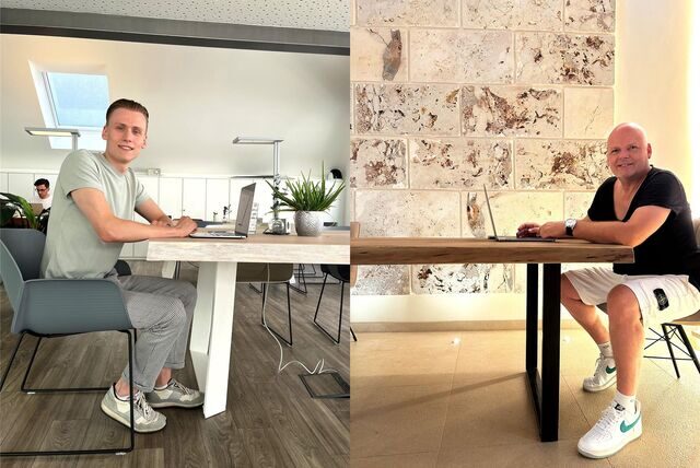 Die Fotomontage zeigt Cedric und Mirko Simnovec aus Recklinghausen, jeweils am Schreibtisch mit Laptop sitzend