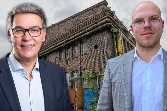 Oberbürgermeister Thomas Westphal und Investor Christoph Thelen vor dem sogenannten Emscherschlösschen auf den HSP-Gelände (Montage).