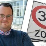 Eine Bildmontage: links im Bild ein Mann mit Brille. Rechts im Bild ein Tempo-30-Schild.
