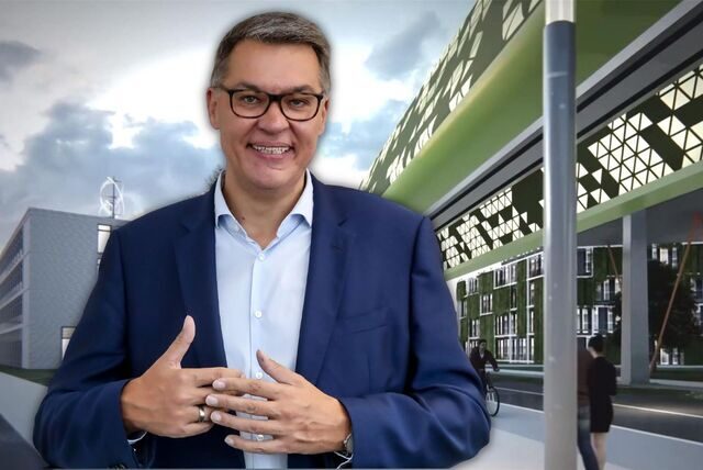 Oberbürgermeister Thomas Westphal hatte als Wirtschaftsförderer Smart Rhino mitangestoßen – so solle das Areal mitsamt der projektierten H-Bahn aussehen (Montage)