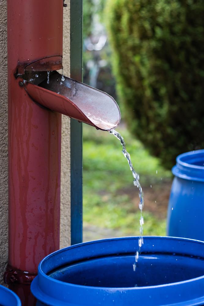 Aus einem Fallrohr läuft Wasser in eine Regentonne. Aus einem Fallrohr läuft Wasser in eine Regentonne.
