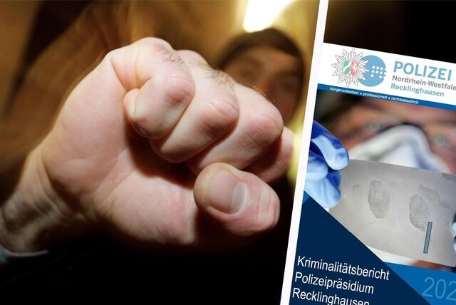 Eine Bildmontage: links im Bild eine Faust, rechts das Deckblatt des Kriminalitätsberichts der Polizei Recklinghausen.