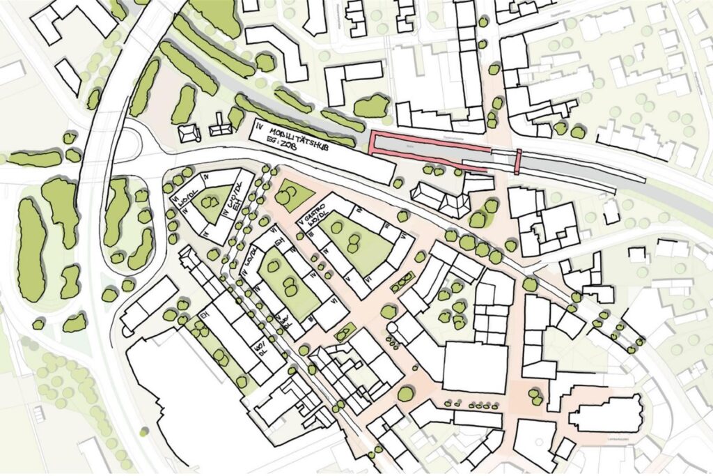 In der Planungsvariante 1 werden das Post- und Küchenstudio-Gebäude abgerissen, der Busbahnhof verlegt und neue Gebäude gänzlich neu angeordnet, um die Fußgängerachse geradeaus zu verlängern. In der Planungsvariante 1 werden das Post- und Küchenstudio-Gebäude abgerissen, der Busbahnhof verlegt und neue Gebäude gänzlich neu angeordnet, um die Fußgängerachse geradeaus zu verlängern.