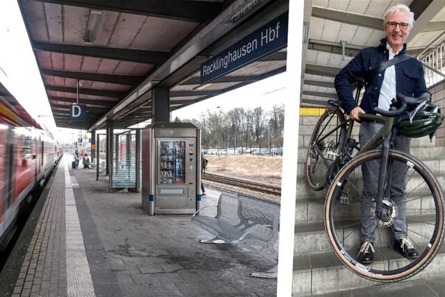 Die Montage zeigt ein Gleis am Hauptbahnhof Recklinghausen und August Cohaupt, der mit Fahrrad auf der Bahnhofstreppe steht.