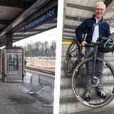 Die Montage zeigt ein Gleis am Hauptbahnhof Recklinghausen und August Cohaupt, der mit Fahrrad auf der Bahnhofstreppe steht.