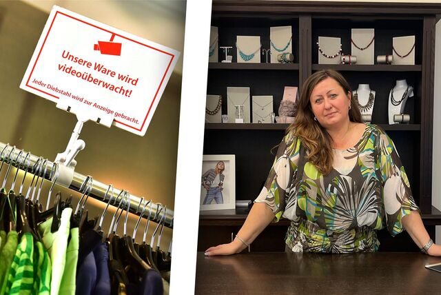 Montage zeigt ein Hinweisschild für Videoüberwachung in einem Laden sowie Svetlana Zorla Betreiberin der Boutique „ICatcher“ in Recklinghausen