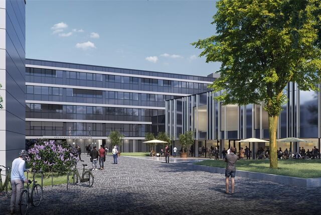 Gediegene Fassade in Grau-Abstufungen: So wird das sanierte Recklinghäuser Kreishaus in Zukunft von außen aussehen.