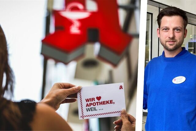 Die Montage zeigt eine Hand mit Postkarte und Apotheker Ingo Müller, stellvertretender Kreis-Vertrauensapotheker.