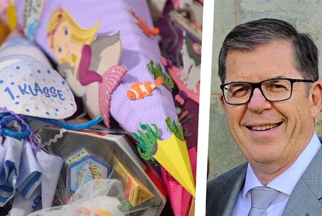 Die Montage zeigt bunte Schultüten und den Fachbereichsleiter Bildung und Sport, Martin Gohrke, aus Recklinghausen.