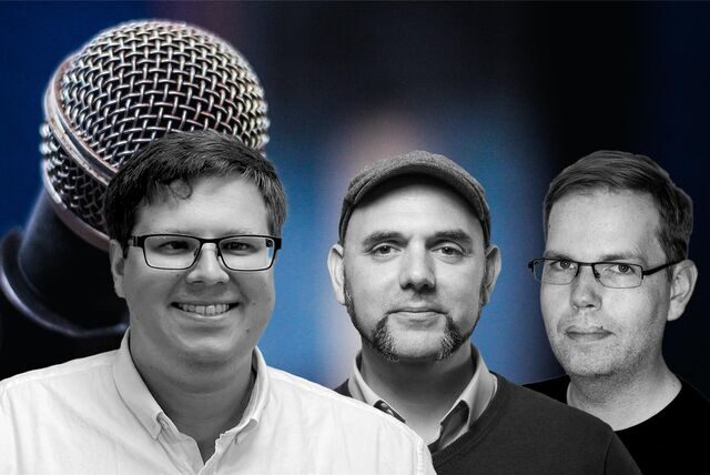 v.l. Pascal Joswig, Sebastian Balint und Stefan Korte in einer Bildmontage mit einem Mikrofon im Hintergrund