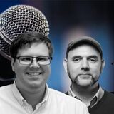 v.l. Pascal Joswig, Sebastian Balint und Stefan Korte in einer Bildmontage mit einem Mikrofon im Hintergrund