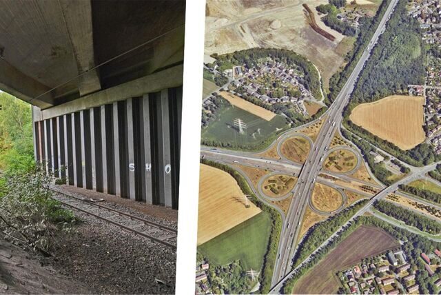 Bildkombo: Gleistrasse unter der Brücke der Autobahn 45 in Dortmund-Oestrich und Luftbild vom Autobahnanschluss-Bodelschwingh mit dem nördlich verlaufenen Gleis.