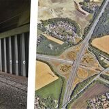 Bildkombo: Gleistrasse unter der Brücke der Autobahn 45 in Dortmund-Oestrich und Luftbild vom Autobahnanschluss-Bodelschwingh mit dem nördlich verlaufenen Gleis.
