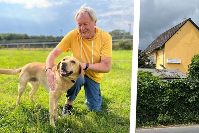 Johannes Beisenherz zusammen mit Labrador-Retriever Spike auf der Wiese am Tierheim Castrop-Rauxel (Foto links) sowie das Gebäude (Foto rechts).