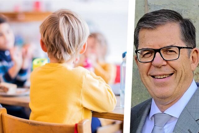 Die Montage zeigt ein Kind in der Schulklasse und Fachbereichsleiter Martin Gohrke von der Stadt Recklinghausen.