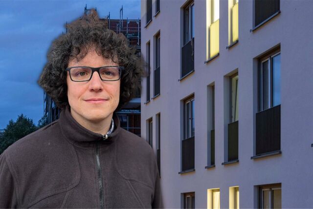 Der wohnungspolitische Sprecher des Mieterverein Dortmund, Markus Roeser, vor einem neu errichten Gebäude (Montage)