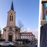 Die Montage zeigt die Gustav-Adolf-Kirche und Kirchenhistoriker Dr. Albrecht Geck aus Recklinghausen.