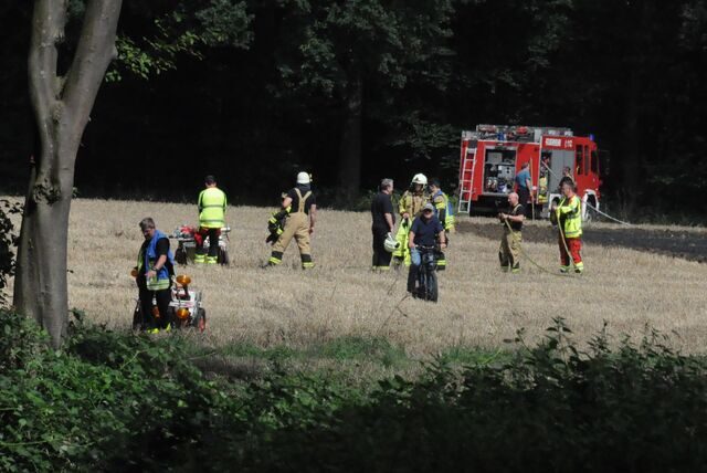 Feuerwehrmänner stehen auf einem Getreidefeld.