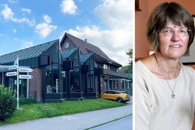 Die Montage zeigt die Stadtmühle mit der vorderen Außenansicht und Henrike Weeser von den Halterner Bergknappen.