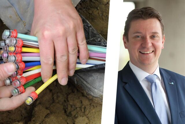 Eine Montage zeigt Glasfaserkabel und Bürgermeister Rajko Kravanja.
