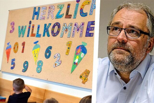 Die Montage zeigt eine Schultafel und den Vorsitzenden des Recklinghäuser Schul-Ausschusses, Benno Portmann.