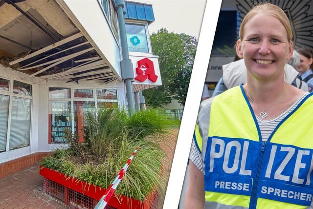 Bildmontage: Links ist die St.-Vincenz-Apotheke nach einem Sprengstoffanschlag zu sehen, rechts Annette Achenbach, Sprecherin der Polizei Recklinghausen.