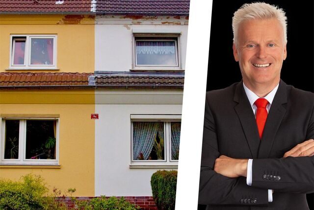 Eine Montage zeigt ein Doppelhaus und den LBS-Immobilienexperten Stephan Piegel.