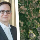 Arndt Feldmann erklärt, welche Flächen von Amprion für einen möglichen Konverter-Standort (rot markiert) untersucht werden.