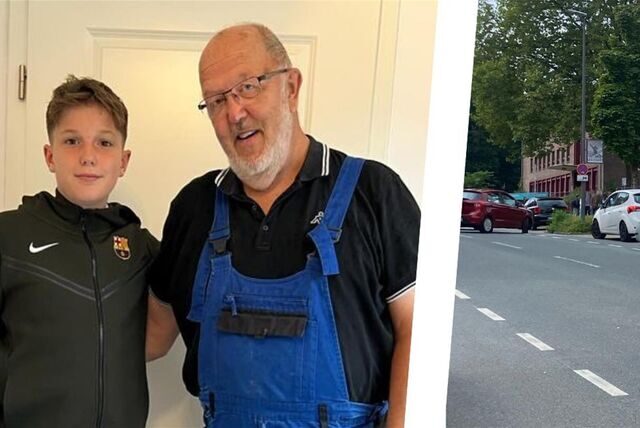 Montage zeigt Noah aus Recklinghausen und seinen Großvater Bernhard Gehle sowie Parkchaos an der Hertener Straße vor der Maristenschule