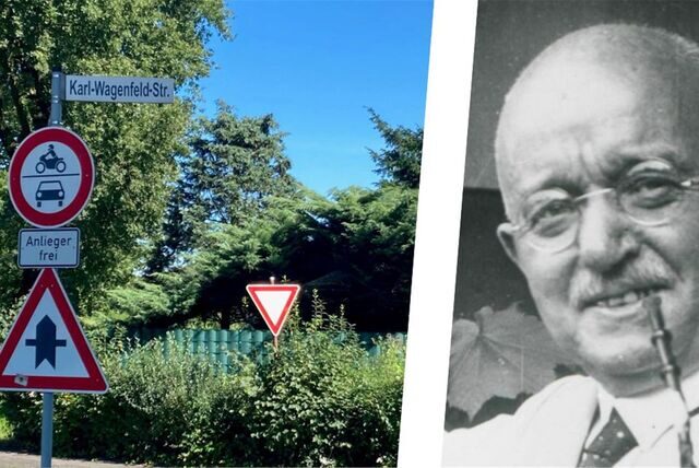Montage zeigt ein Straßenschild der Karl-Wagenfeld-Straße in Recklinghausen sowie ein Porträt des Namensgebers.