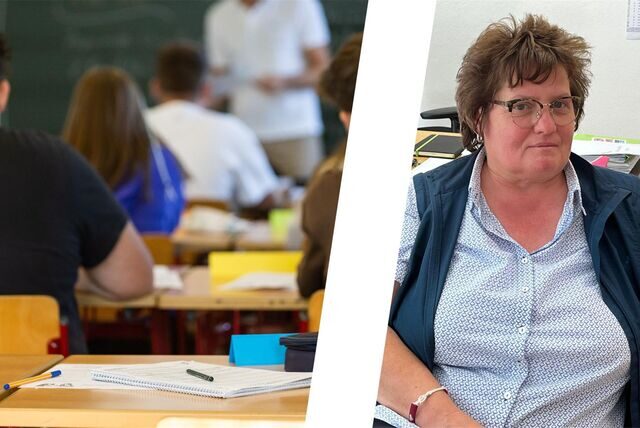 Links ist ein Klassenraum zu sehen und rechts Brigitte Rode.