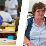 Links ist ein Klassenraum zu sehen und rechts Brigitte Rode.