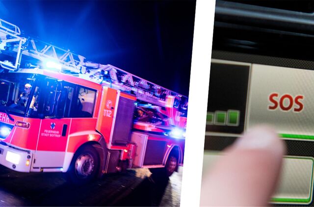 Eine Fotomontage: Links im Bild ist eine Drehleiter der Feuerwehr Bottrop mit eingeschaltetem Blaulicht zu sehen, rechts im Bild der Bord-Computer eines Volkswagen auf dem der SOS-Knopf gedrückt wird