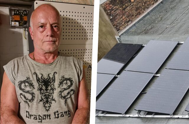 Links ist Uwe Herrmann zu sehen. Er steht in seinem Keller vor dem Batteriespeicher seiner Solaranlage. Rechts sieht man das Garagendach mitsamt der istallierten Solarmodule.