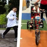 Das Foto links zeigt Schülerinnen und Schüler einer weiterführenden Schule bei einem Sponsorenlauf. Das Foto rechts zeigt einen Dreijährigen, der kurz nach einer Operation an seinen Beinen mithilfe eines besonderen Dreirads übt, damit er das Laufen lernt.