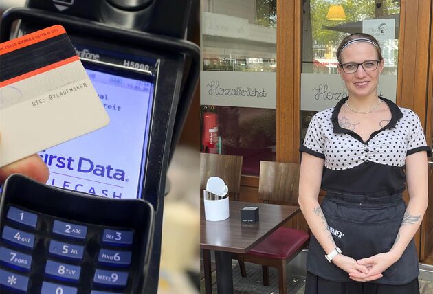 Eine Collage: Links ist ein Kartenlesegerät abgebildet. Rechts steht Anja Betke vor ihrem Café am Berliner Platz.