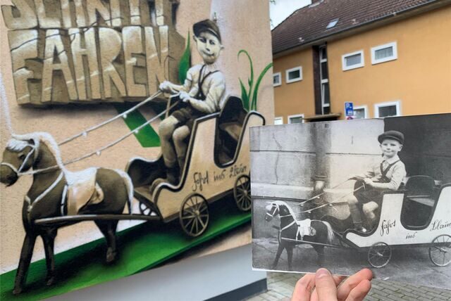 Links ist das Graffito an der Hauswand zu sehen, rechts die Original-Fotoaufnahme von Willi Bols‘ Vater.